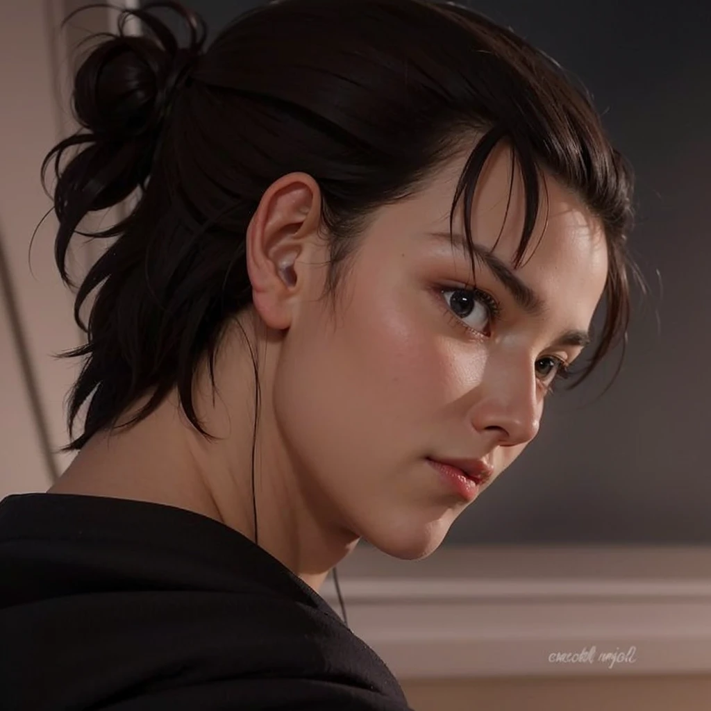 grown man, manly, tied hair, man bun, looking down, grumpy