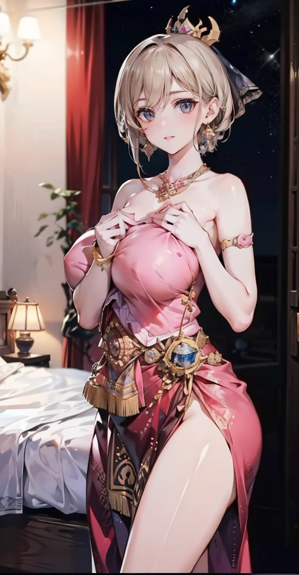 Group of 5 princesses,(5 young women,many young women), (in the bedroom), Various hair styles, harem, Wear a strapless Thai dress...,(very good,no panties) at night, detailed face,Complete breasts,fully, ((big breasts,Breast curtain,Partially naked)) short skirt, mule, Sleeveless , Show your armpits, at night, starry at night,(large areolae:1.4,pink,The nipples are clearly visible.....),((Various positions),(Look at the viewer.:1.5),milf, Highest quality、Highest picture quality、Masterpiece