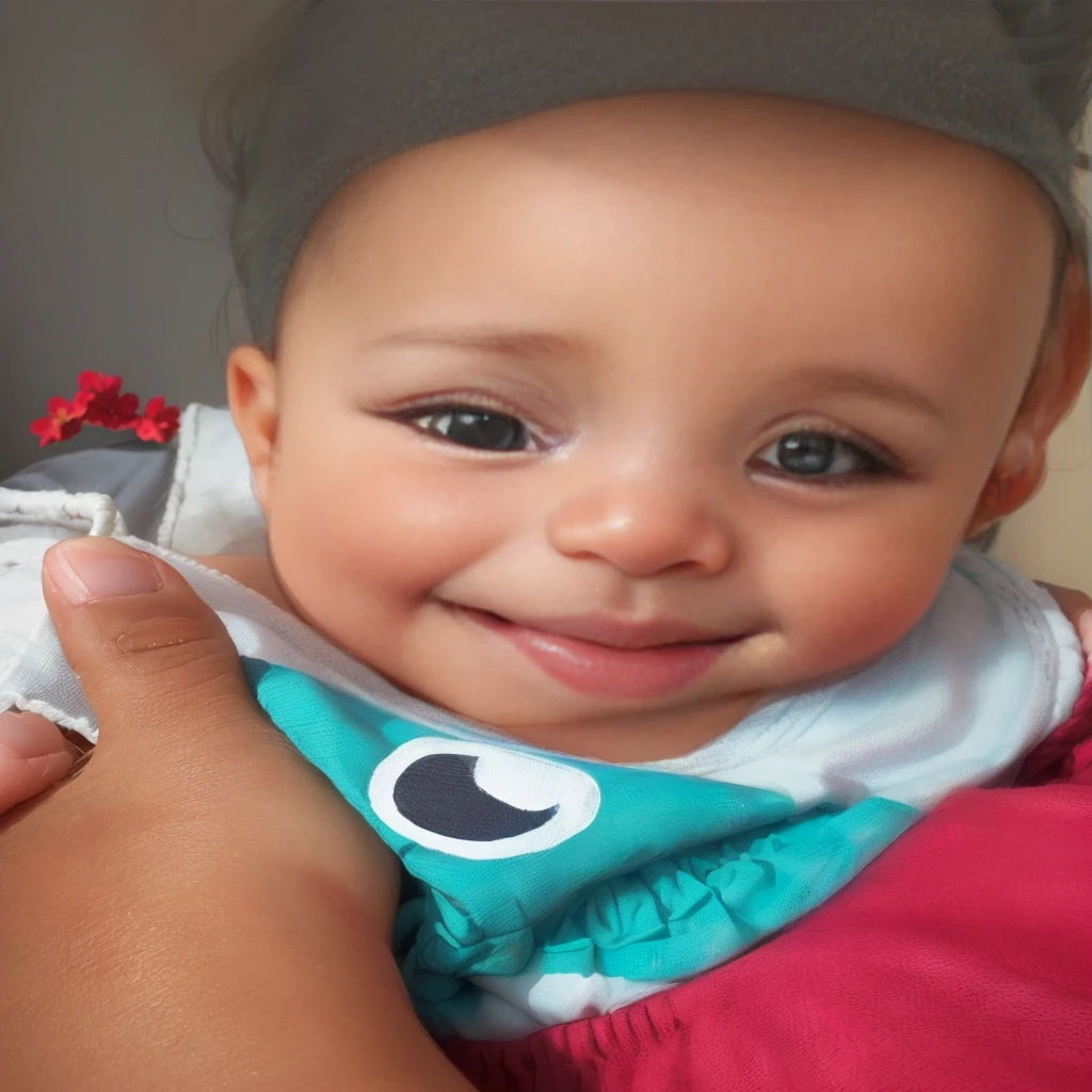 There is a baby who is smiling and winking at the camera, close-up of a lovely, smiling happily at the camera, close no rosto, close the portrait, with beautiful passionate eyes, cute face, charming expression face, perfect expression, Smiling for the camera, rosy cheeks, close up face