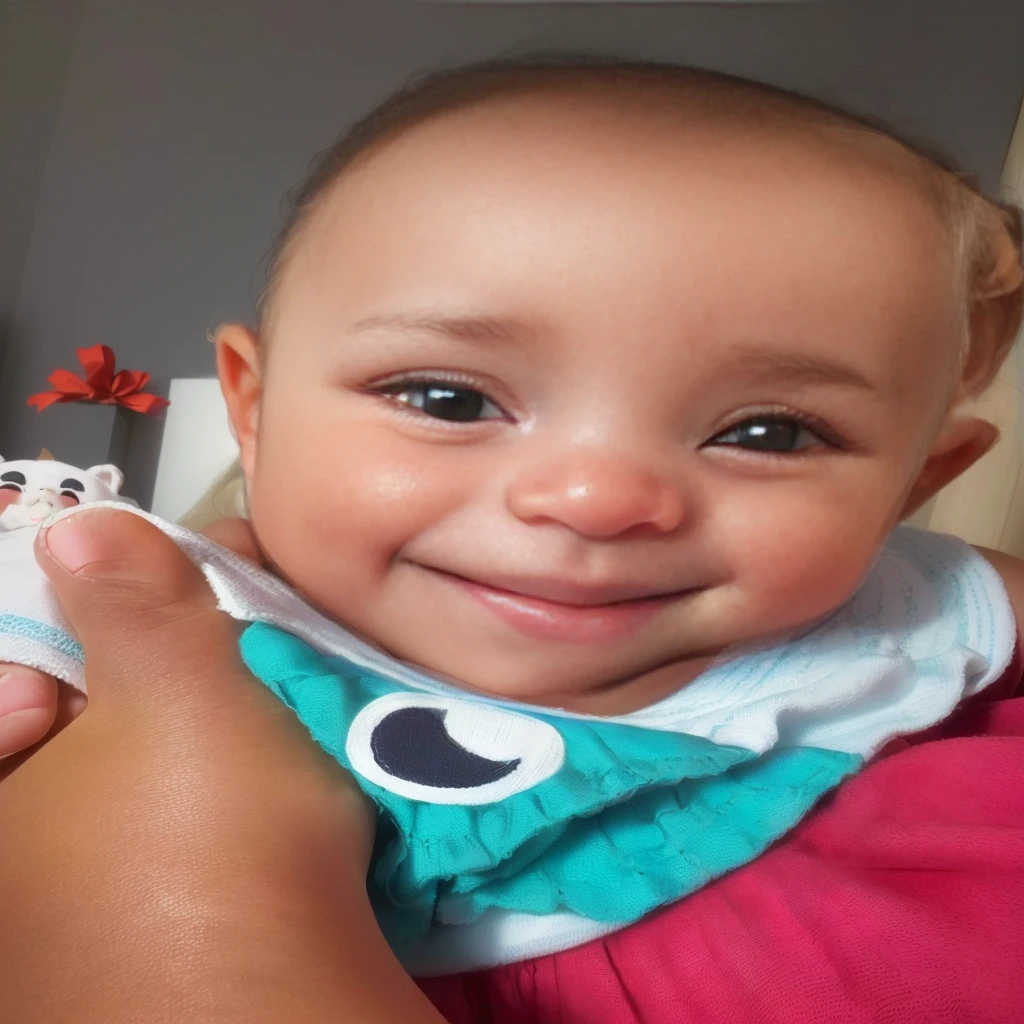 There is a baby who is smiling and winking at the camera, close-up of a lovely, smiling happily at the camera, close no rosto, close the portrait, with beautiful passionate eyes, cute face, charming expression face, perfect expression, Smiling for the camera, rosy cheeks, close up face