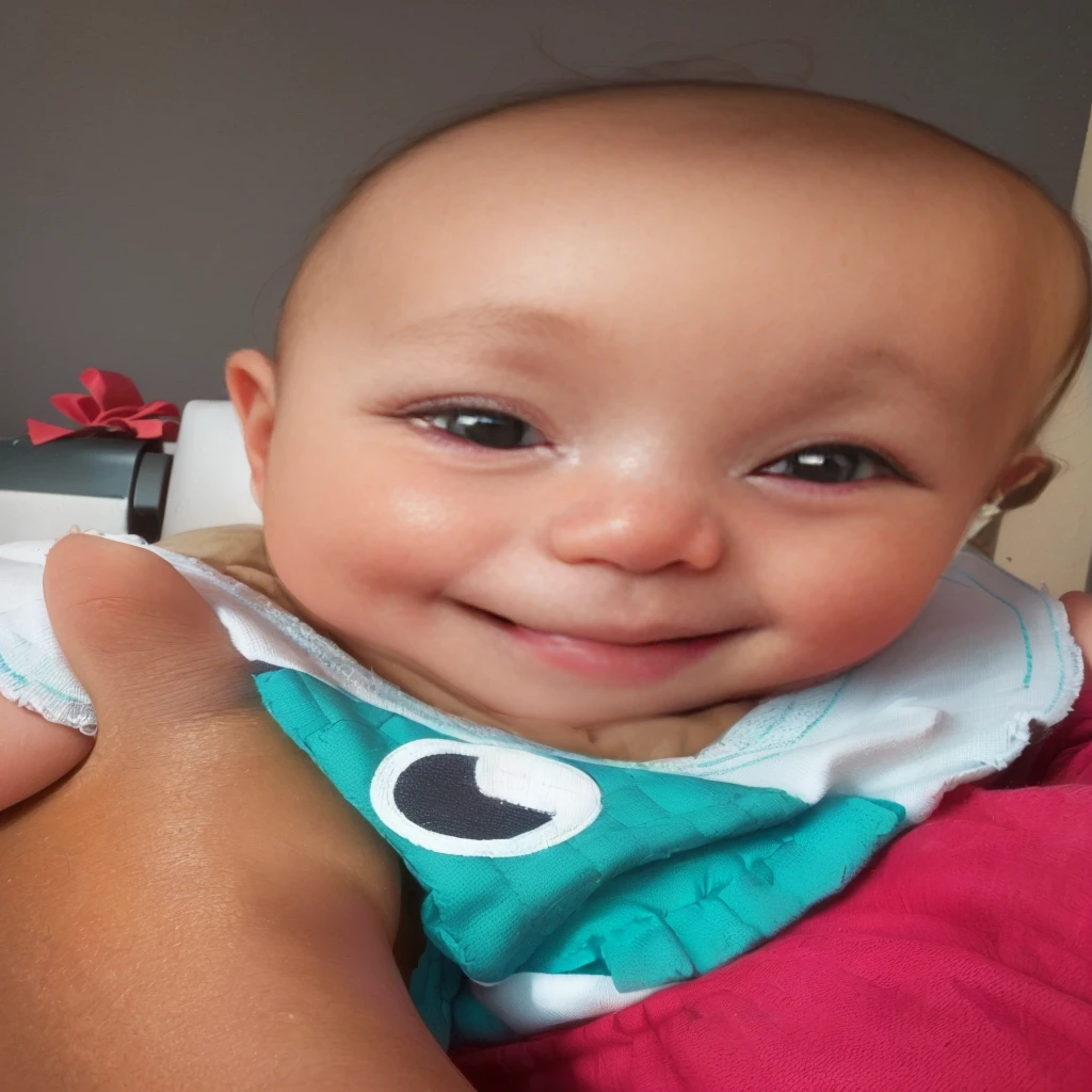 There is a baby who is smiling and winking at the camera, close-up of a lovely, smiling happily at the camera, close no rosto, close the portrait, with beautiful passionate eyes, cute face, charming expression face, perfect expression, Smiling for the camera, rosy cheeks, close up face