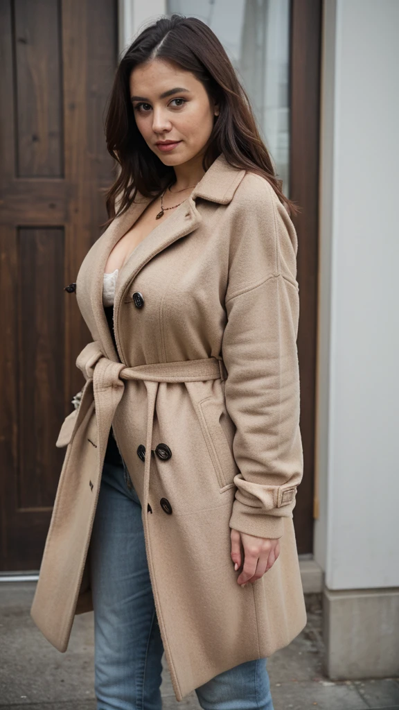 a woman padded different bra and saree, heading in or out the door,,big cheeks, curvy, hourglass figure, swooping breasts, deep cleavage, open arms, sexy armpits,big penis, nipples, ass, necklace, (cinematic:1.3), a woman wearing a brown teddy coat, white turtleneck sweater and jeans, light brown coat, coat, outfit photograph, wearing hunter coat, wearing a brown, wearing a long beige trench coat, outfit-of-the-day, brown tuffle coat, wearing a brown leather coat, outfit photo, wearing a fisher 🧥, wearing a long coat, winter vibes, brown sweater, relaxed style, cosy vibes, warm color clothes, wearing a duster coat, casual outfit, full body portrait shot