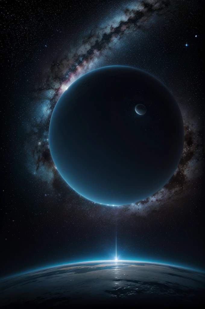 The camera slowly reveals the silent vastness of space. the moon, lit by the sun, dominates the center of the screen, its arid outlines and deep craters visible against the black background of the cosmos. on the right, majestic and distant, Planet Earth is, a bright blue sphere contrasting with the black void of space. Left and bottom, the universe extends infinitely, dotted by colorful nebulae, twinkling stars and distant galaxies.