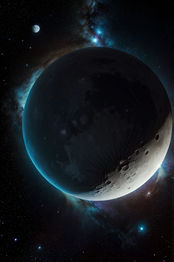 The camera slowly reveals the silent vastness of space. the moon, lit by the sun, dominates the center of the screen, its arid outlines and deep craters visible against the black background of the cosmos. on the right, majestic and distant, Planet Earth is, a bright blue sphere contrasting with the black void of space. Left and bottom, the universe extends infinitely, dotted by colorful nebulae, twinkling stars and distant galaxies.