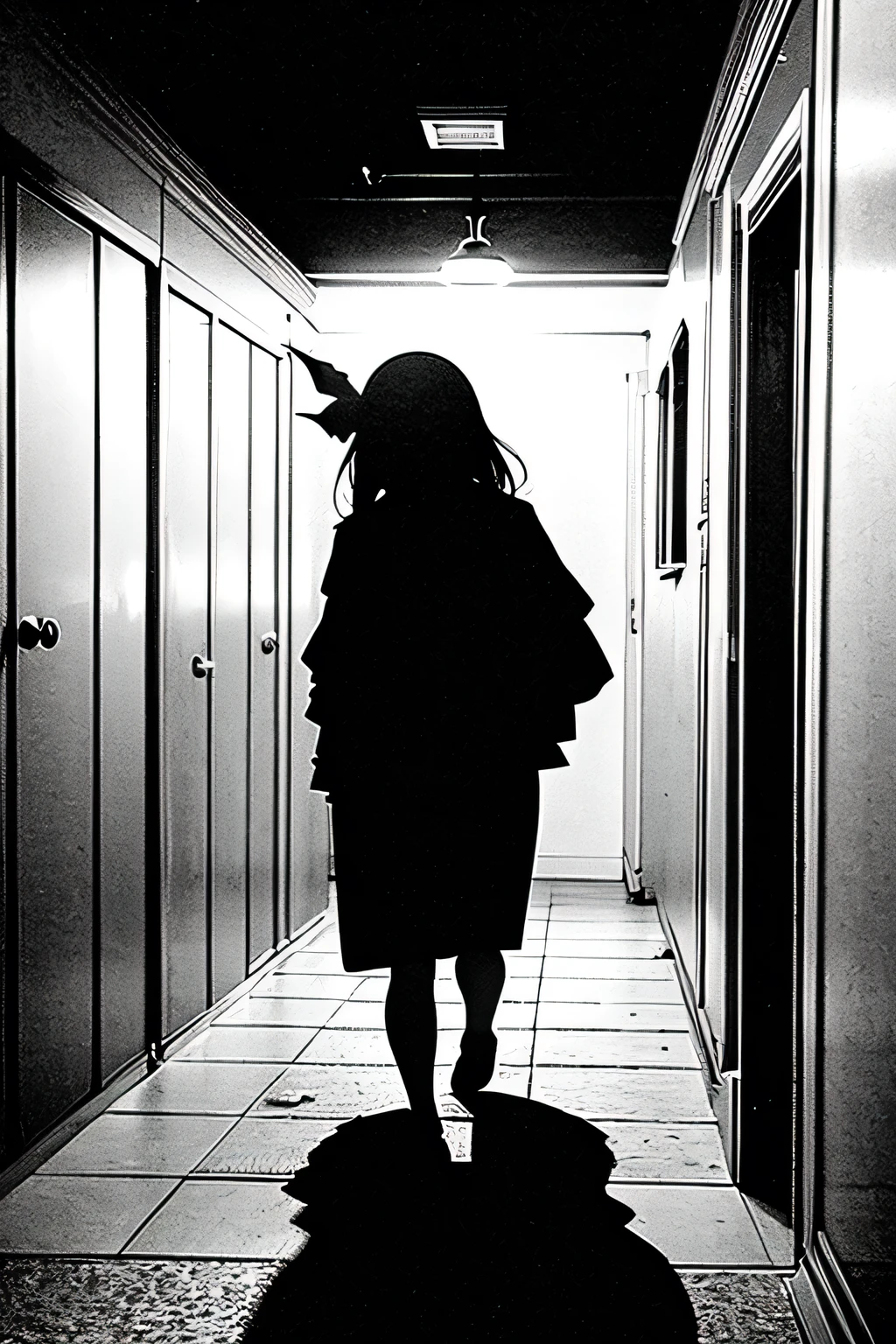 In the hospital hallway at night, a mysterious shadow appears. The head nurse, Lisa, sees the shadow and is frightened. The hallway is dimly lit with a spooky atmosphere, and Lisa is visibly startled.