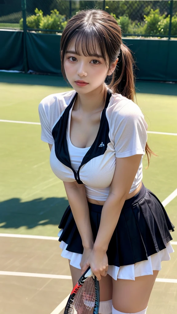 masterpiece, best quality, illustration, Super detailed, fine details, High resolution, 8K,wall paper, perfect dynamic composition, front view, standing, leaning forward, 18 year old girl, tennis player, Gravure Idol, cute type, (Details High quality, realistic depiction of eyes:1.3), (Colossal tits:1.2), expresses the roundness and softness of your chest., low ponytail, black hair color, Dark makeup, Big Natural Color Lip, thick thighs, perfect body shape, plump figure, large hips, beautiful clavicle, white tennis uniform, short sleeve, shirt, skirt, socks, tennis shoes, depth of fields, natural lighting