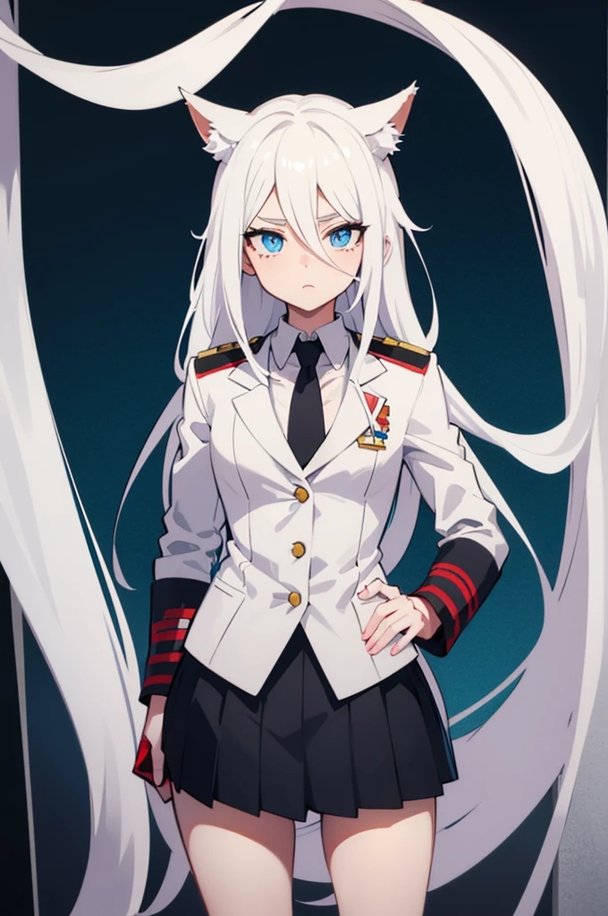 Boku No Hero Academia OC.young woman,White skin color,long tousled white hair with cat ears,bright blue eyes,long white eyelashes,beautiful and attractive,he would be,He wears a uniform with a red tie and a gray jacket with a green classroom background.,bakugou in love,it's with bakugou.