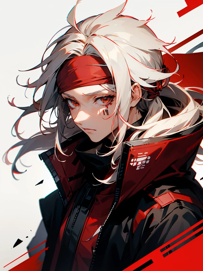 1male, red and white hair, long messy hair, headband, markings on face, techwear