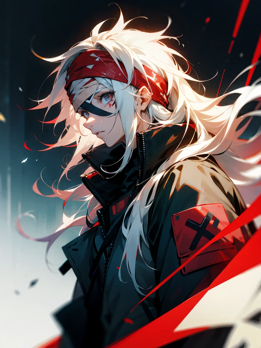 1male, red and white hair, long messy hair, headband, markings on face, techwear
