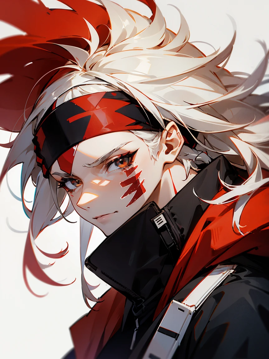 1male, red and white hair, long messy hair, headband, markings on face, techwear