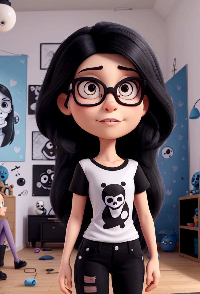 cartoon character, White girl, slim, with a serious and fixed look, long straight black hair, eyes black, retracted lips, big square glasses, black t-shirt with a skull design and ripped blue jeans, black boot. in a teenager's room , with a guitar hanging on the bedroom wall, picture on the wall of a skull drawing. Serious woman, photo by full body, drawing in 3D Art style, C4D, Disney style, pixar style render illustration Super Detail (Skull t-shirt) (eyes black) (dark shaped eyes)