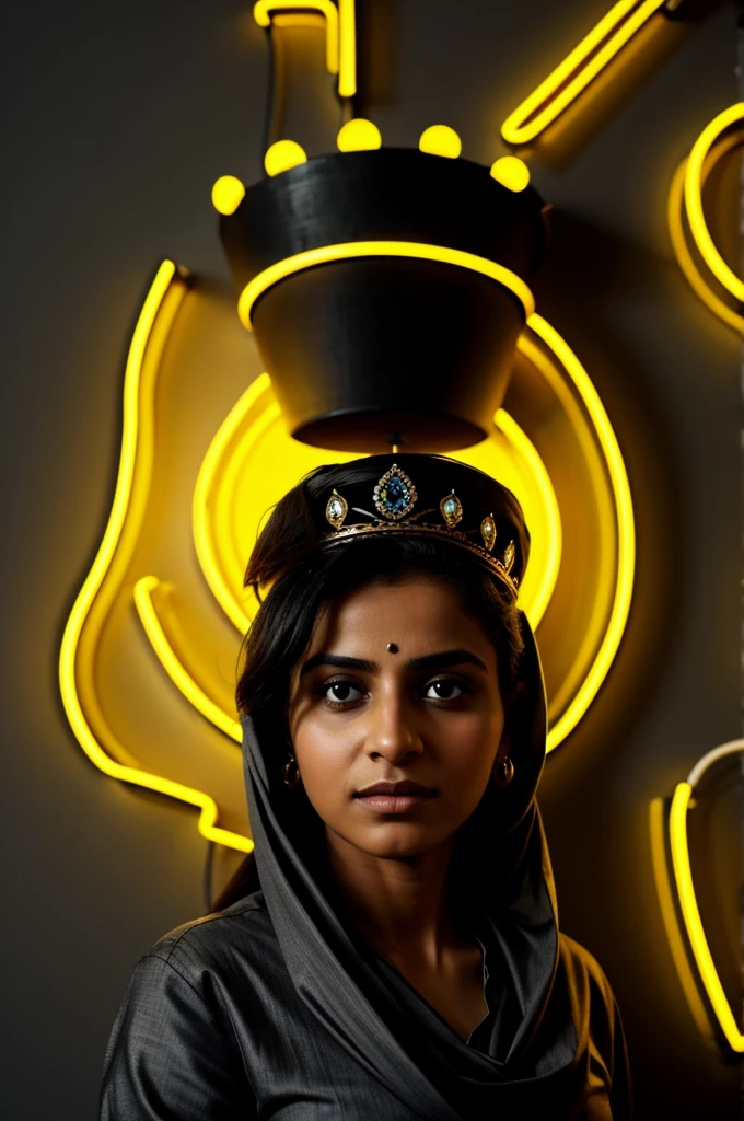 👑 Queen:the background feature "ASMA QUEEN" in big and capital yellow neon light fronts on the dark gray wall.there should not be his shadow,and the