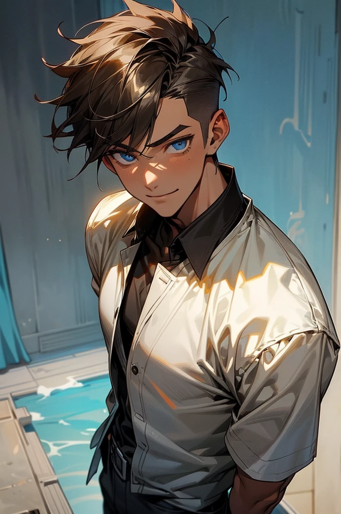 ((Best quality)), ((masterpiece)), (detailed), ((perfect face)), ((halfbody)) handsome face, male, boy, perfect proportions, slightly tanned skin, character masculine, style manhwa, ((brown light)) messy up spiked short hair, side shaved short hair, ((blue)) eyes, male version, ((black)) clothes, ((white)) shorts, body in good shape, strong, musculous body, smiling, seductive look, school detailed background, school detailed scenery background