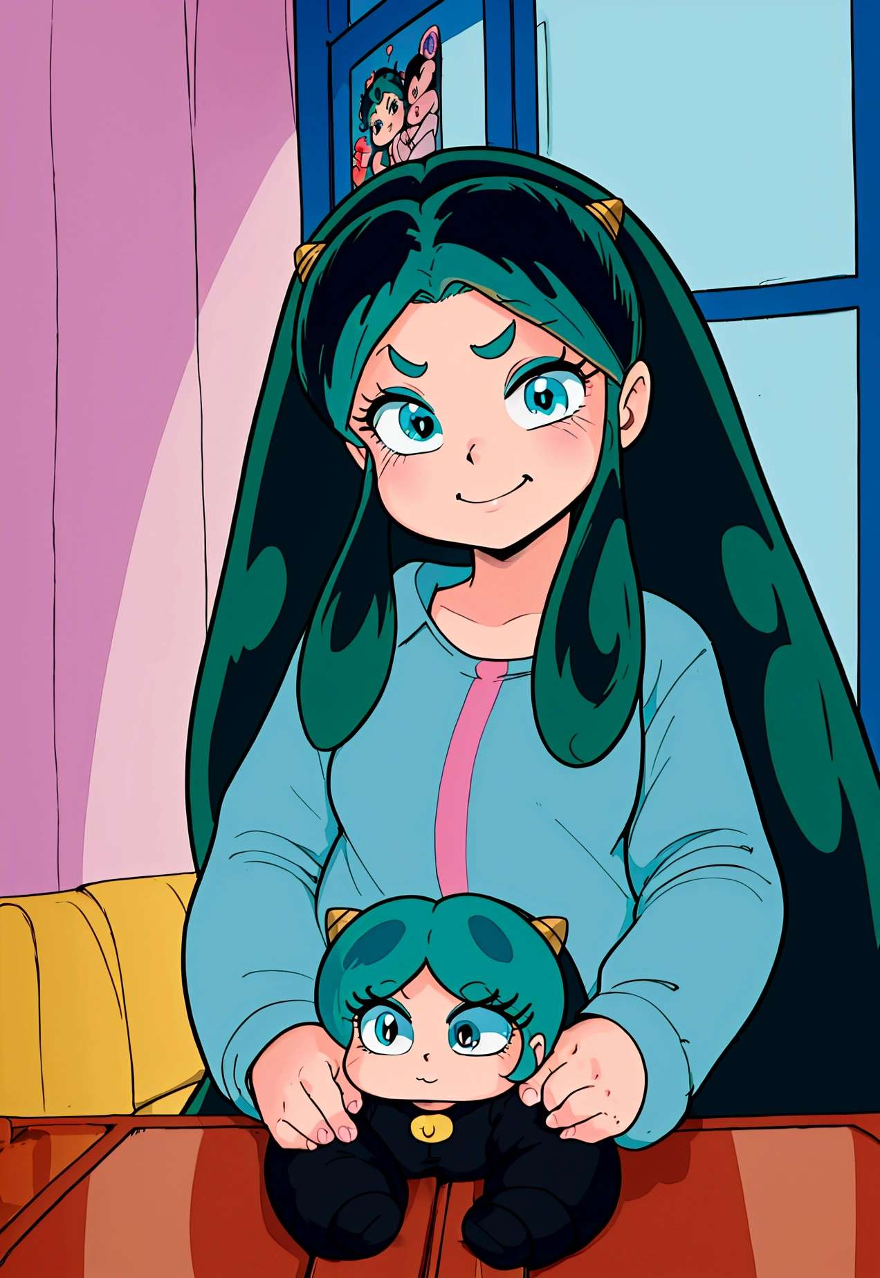 score_9, score_8_up, score_7_up, lum, retro artstyle, 1980s style, blue eyes, eyeshadow, green hair, long hair, horns, bangs, aqua hair, dynamic angle, big breasts, big ass, (little, small tiny body, chibi, small), (8 years old), (1 toddler:1.4), (baby face), (round face), (big forhead:1.2), (beautiful big eyes:1.3), extremely detailed cute anime face, (best quality, masterpiece, absurbres, super-resolution), soft pastel aesthetic, gaming console, chilling at home, playing video game, LCD screen, fun, laugh, smile, (eyelid pull), detailed faces, warm lighting, cozy interior, dynamic composition, vibrant colors, cinematic, depth of field, black cat, black cat on her lap, emotional expression, vintage comic style,