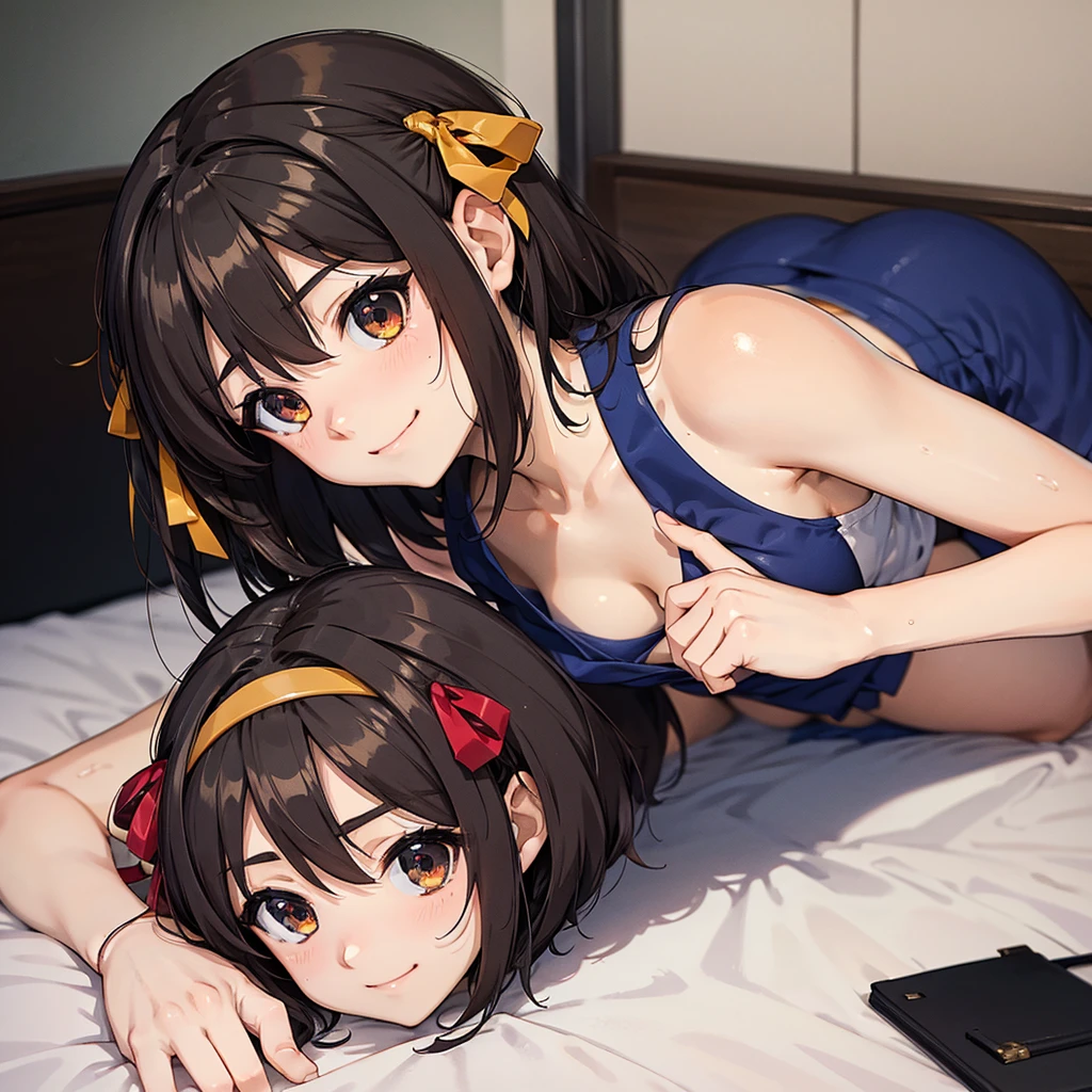 Highest quality, masterpiece, 4K, Highly detailed face, Highly detailed skin, Highly detailed wallpaper, Japanese anime, Second Dimension, Small face, Big Breasts, Normal body, Accurate body, Fine skin, Very beautiful cleavage, NSFW, whole body, One girl, Shy smile, On the bed, Short bob hairstyle, Black Hair, Suzumiya haruhiの憂鬱, Suzumiya haruhi, Sweaty, Cosplay, , mini skirt, From the back, On all fours