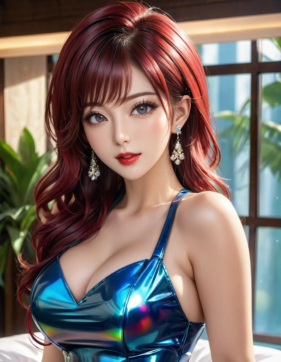 (masterpiece:1.3), (extremely intricate:1.2), (extremely delicate), (Hyper realistic photo:1.3), (modelshoot style), extremely detailed, 16k wallpaper, UHD, HDR, RAW photo, dslr, puffy lips, long diamond earrings, (Japanese beauty Japanese mixed:1.2), (realistic skin:1.4), (sweaty:1.1), thick thighs:1.1, narrow :1.1), (Crimson Red hair, voluminous 80 big hair:1.3), emerald green eyes, red eyeshadow, red lips, large breast, mouth open, eyes_smile, (holographic iridescent metallic short blue latex dress:1.6), (sunlight_on_front_face:1.3), makeup, ultra detailed irises, perfect eyes, perfect face, detailed face, (A picture of a woman and hotel:1.5), (distant full body:1.5)