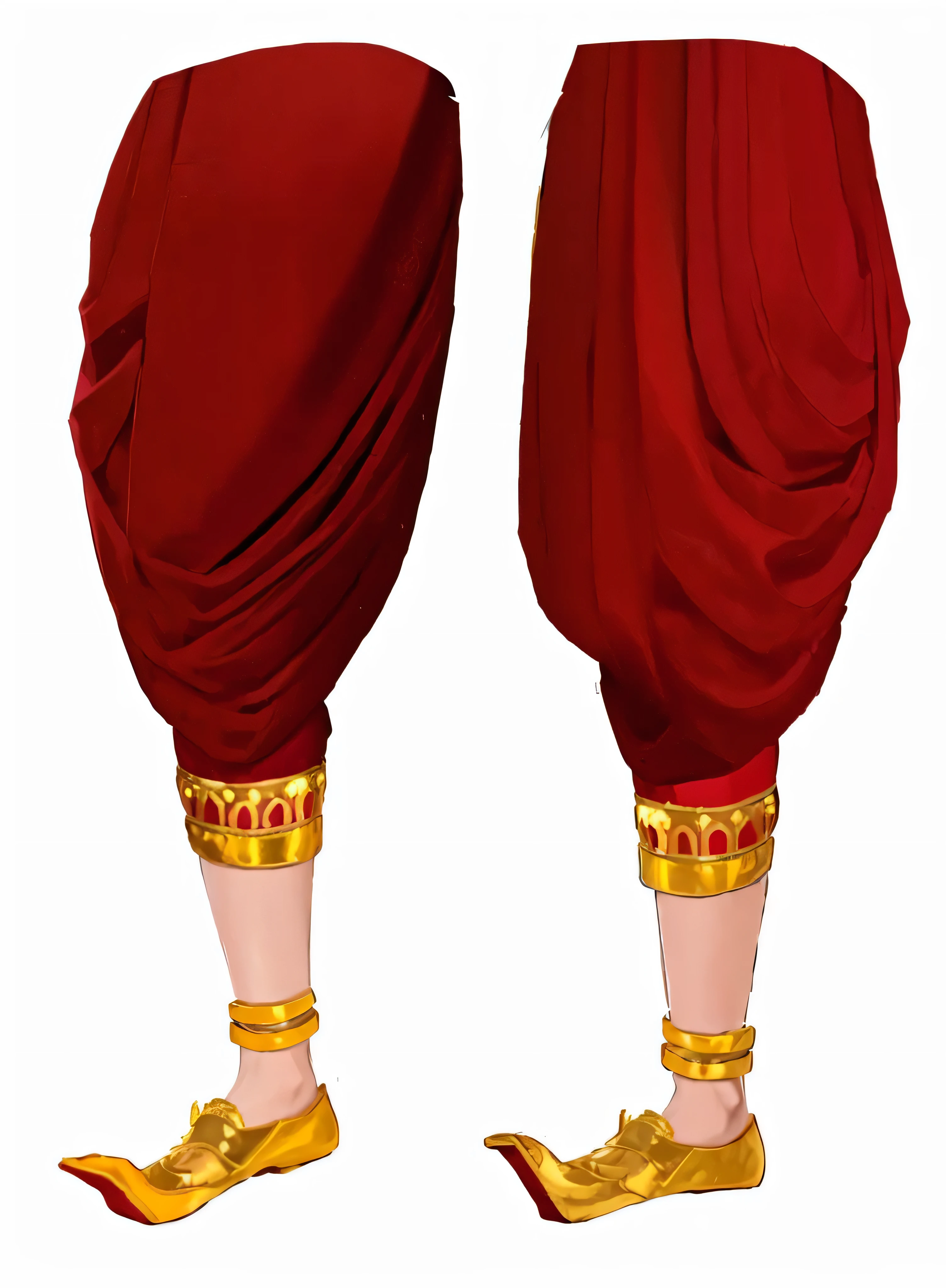 a close up of a pair of feet with red pants and gold shoes, red and gold sumptuous garb, idian dress, wearing red and yellow clothes, inspired by Saurabh Jethani, sari, wearing gilded red robes, distant full body view, wearing sari, wearing gilded red royal robes, full body close-up shot, multilayered outfit