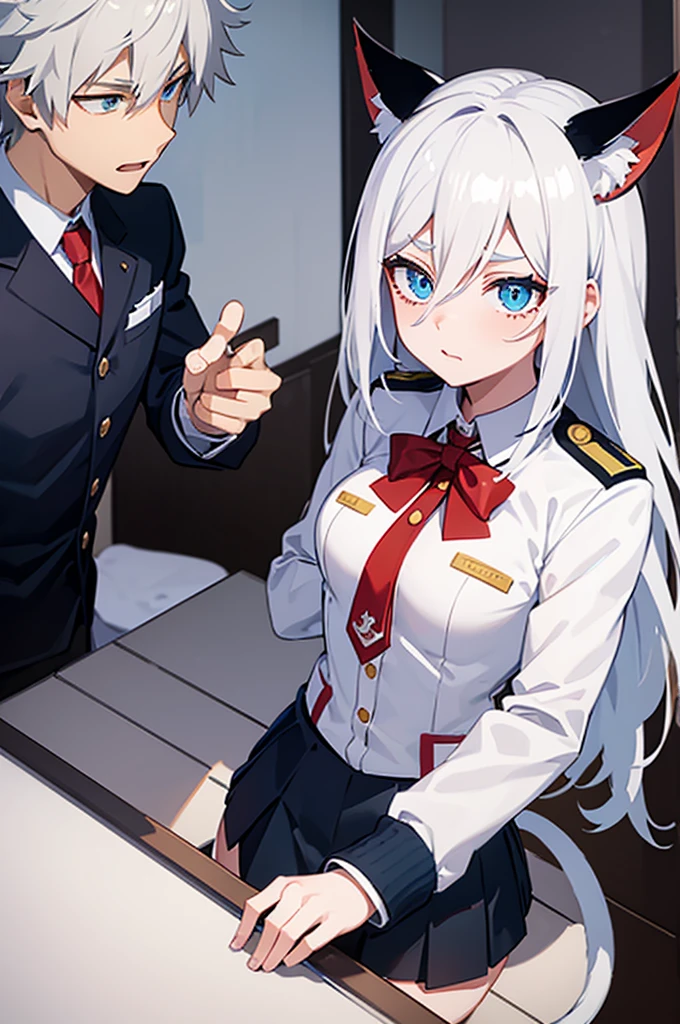 Boku No Hero Academia OC.young woman,White skin color,long tousled white hair with cat ears,bright blue eyes,long white eyelashes,beautiful and attractive,he would be,He wears a uniform with a red tie and a gray jacket with a green classroom background.,bakugou in love,it&#39;s with bakugou.