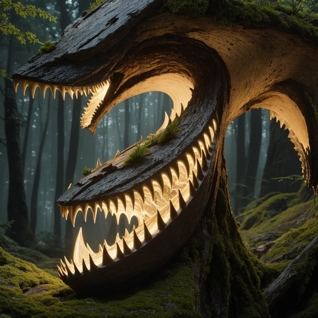 A sharp focus photo of a giant detailed bioluminescence Pitcher Plant, up close, (extremely detailed:1.3), Fantasy, octane render, zbrush. Character design, photorealistic, unreal engine, hyper-detailed, concept art, trending on art station. ((best quality)), ((masterpiece)), ((realistic)), (detailed), dark forest, (fantasy forest background illustration:1.1), style-swampmagic, style-nebmagic