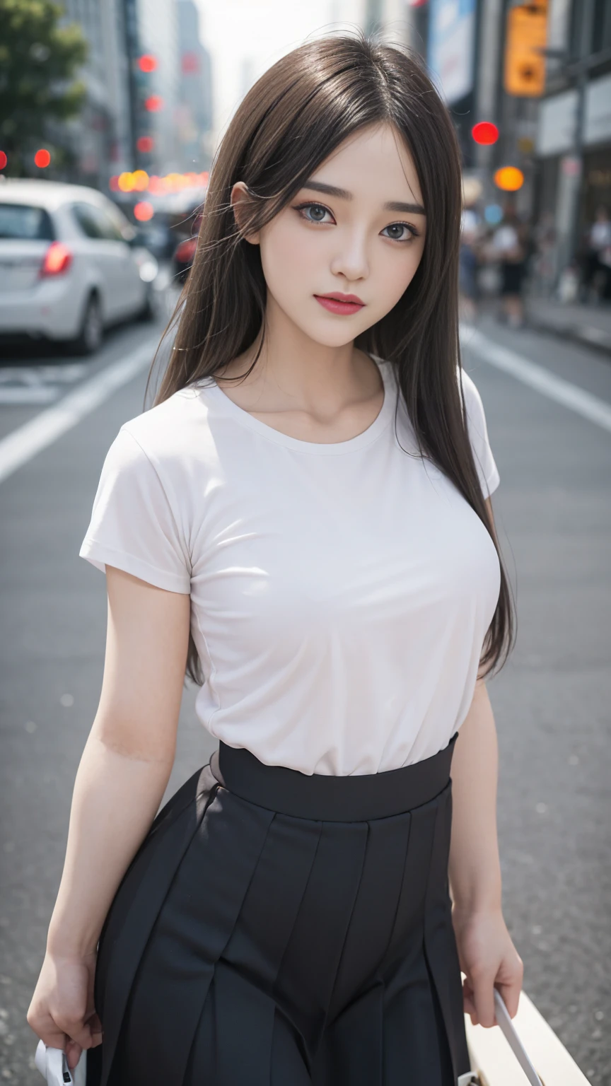 ((1 lady wearing, White T-shirt with black dress office)), ((Dark blue pleated skirt)), (Standing on the road)), (Office Uniform), (zoom camera in the crotch, angle from below), looking to the side, very smile, blushing, ((background new york cityscape)), distressed, reluctant, glare, (sexual arousal:1.5, ) , NSFW, 8k, RAW photo, masterpiece, absurdity, top quality, high resolution: 1.1, ultra-detail, hyper-realistic: 1.4, realistic, photorealistic: 1.3, cinema light, film grain, closeup, full body, depth of field, eye focus, young, 85mm lens, f/1.5, Professional lighting, portrait, photon mapping, radiocity, physically based rendering, transparency, soft light, realistic face, realistic body, realistic skin, clean: 1.8, fat body, Grey hair, hairstyle to match the trend of Japan in 2023, big-breast:1.2, blusher, good style, (very dark lip gloss, bright red lipstick, so many eyelashes, blue eyes, pitch black eyeshadow big-breast), company, camel toe, long legs, PureErosFace_V1: 0.8, dynamic pose