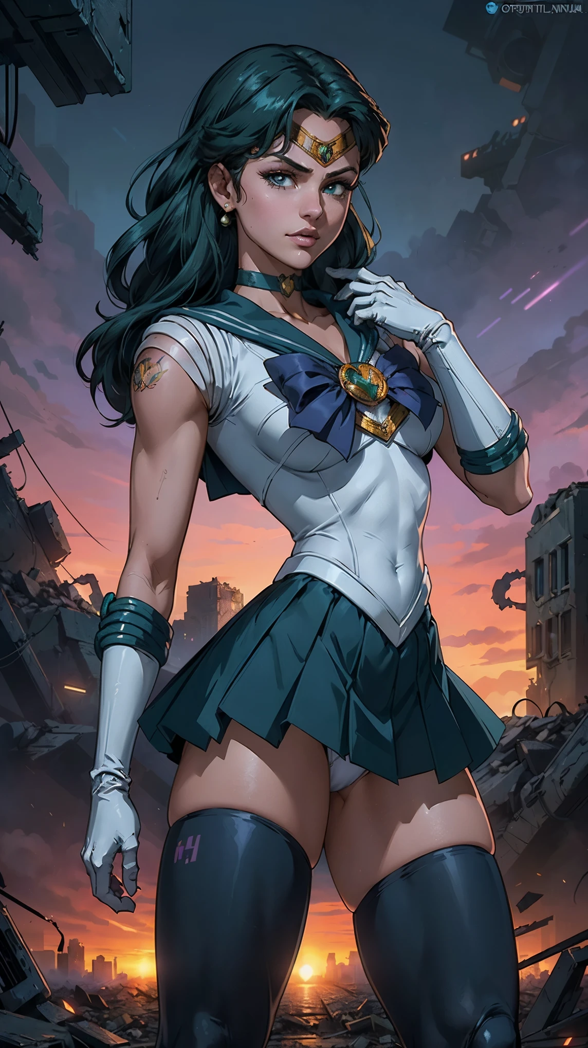 (La Best Quality,A high resolution,Ultra - detailed,actual),Selena Gomez ,(Cyberpunk ruined dungeon ruins background :1.4 ), (Uniformes de sailor moon senshi:1.4), dark green hair, medium hair, Supplicant skirt, (White elbow gloves:1.1), joya, medium chest, dynamic background, dynamic posture,More detailed 8K.unreal engine:1.4,HD,La Best Quality:1.4, photorealistic:1.4, skin texture:1.4, Masterpiece:1.8,Masterpiece, Best Quality,object object],(Apocalyptic city destroyed:1.7), choker, (White glove:1.4), choker verde, Elbow Groves, joya,(sunset background:1.4),(sailor moon Neptune:1.4),(cowboy pose :1.4) ,( cyberpunk 2.1), (kawaii style :1.4), ,(Cyberpunk ruined dungeon ruins background :1.4 ), (cinematic lighting :1.4), (perfect anatomy V2.1), (looking at viewer:1.25), (Selena Gomez :1.4), (Selena Gomez V2.1), (neon cyberpunk V2.1), (skirt lifted by itself: 1.1), (skirt lift: 1.3), (showing white panties: 1.3), (ultra detallado V2.1), (ultra detallado :1.4), , (Sailor Moon - Sailor Neptune V2.1), (skirt lifted by itself: 1.1), (skirt lift: 1.3), (showing white panties: 1.3), More detailed 8K.motor irreal:1.4,UHD,La mejor calidad:1.4, fotorrealista:1.4, textura de la piel:1.4, obra maestra:1.8,obra-prima, mejor calidad,objeto Objeto], (detailed face features:1.3),(Las proporciones correctas),(Ojos hermosos),  (pose vaquero),( face detailed Selena Gómez :1.4) 