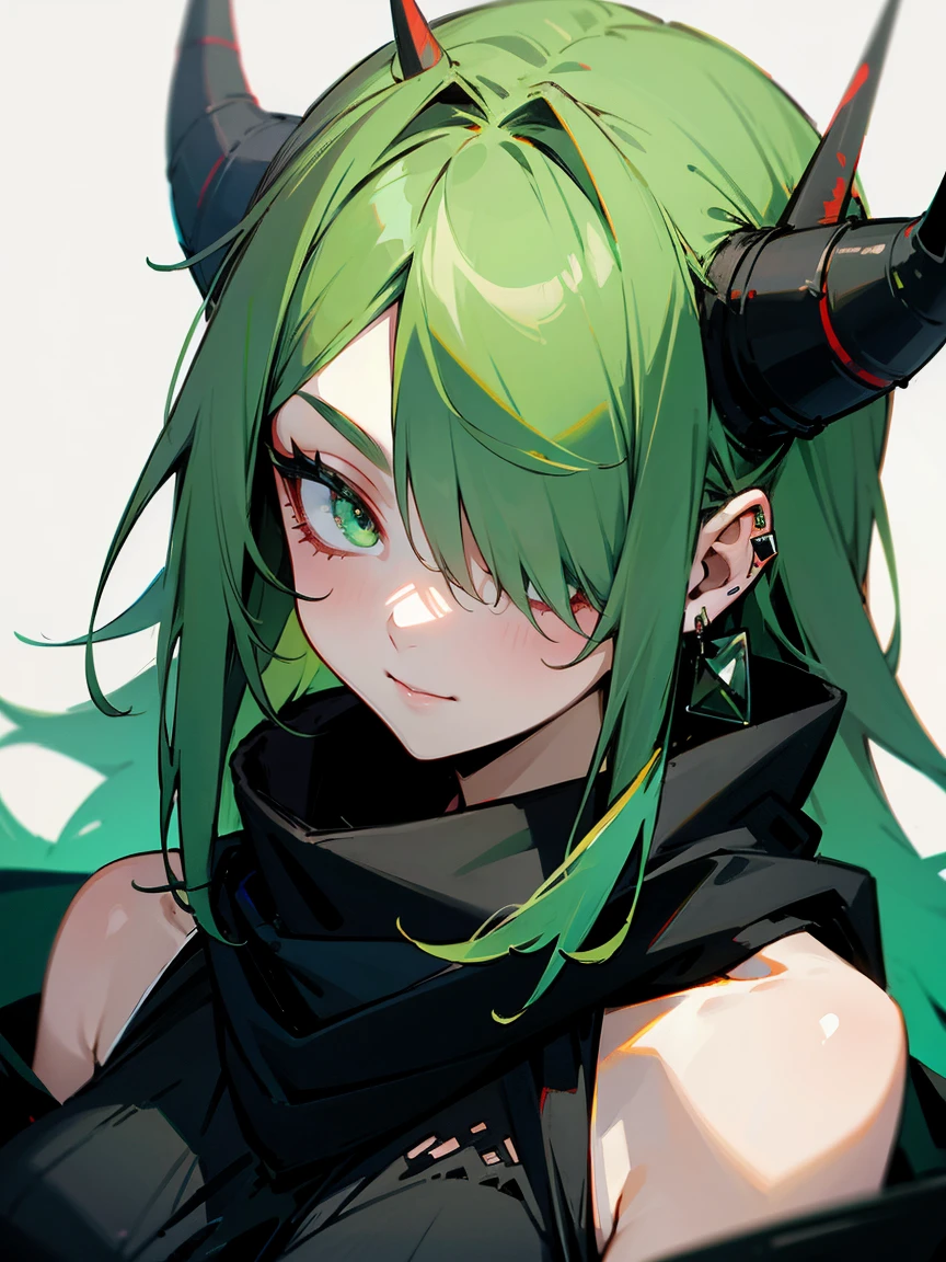 1female, green hair, covering one eye, horn, earrings, black scarf, tattered clothing