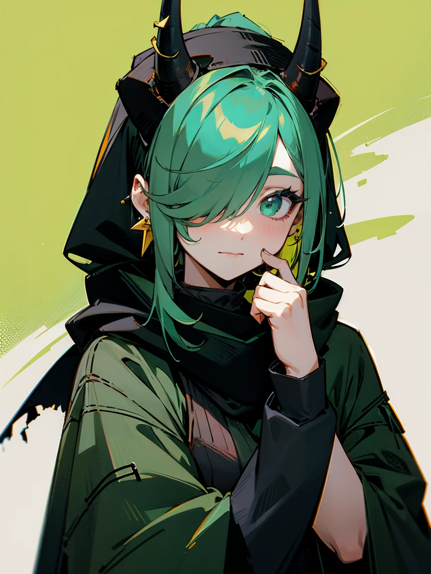 1female, green hair, covering one eye, horn, earrings, black scarf, tattered clothing