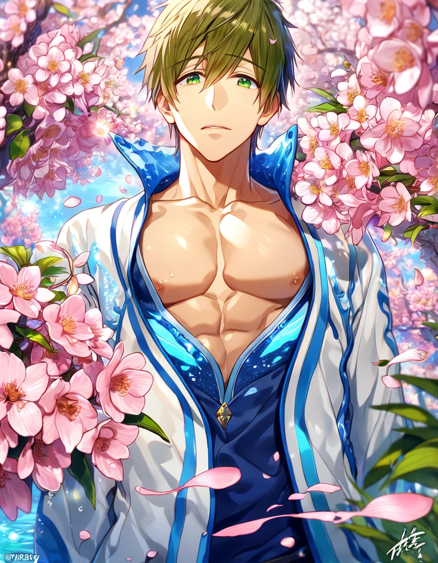 Ultra detailed, highres, absurdres, HDR, master piece, Tachibana Makoto, brown hair, expressive green eyes, Free!, fantasy, pink petals, water, pink flowers, handsome, sexy man, solo, best quality, blossoms, blue shining fireflies, blue clothes, magical, white jacket, toned chest