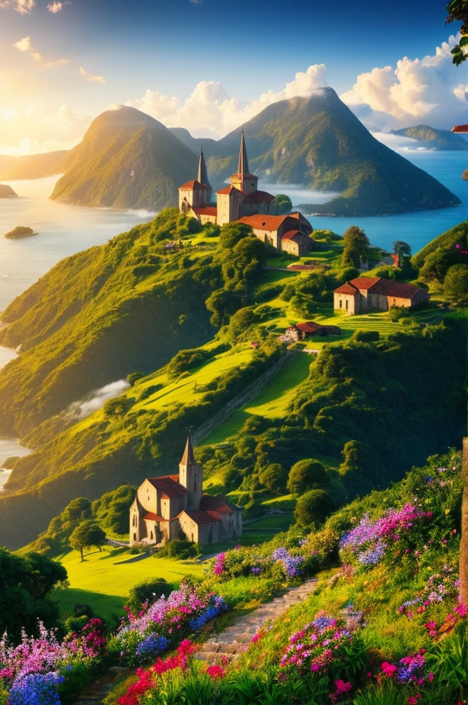 Medieval Catholic church on the mountain, View of the sea, surrounded by lush vegetation in a valley of flowers, rise sun, with rays of light, slightly misty day, Ultra -HD, 真实感, cinematic light, detailed back ground, swirly vibrant colors, conceptual artwork