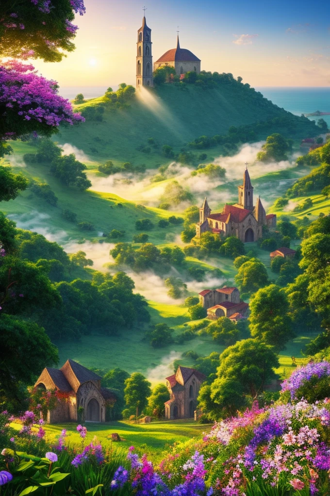 Medieval Catholic church on the mountain, View of the sea, surrounded by lush vegetation in a valley of flowers, rise sun, with rays of light, slightly misty day, Ultra -HD, 真实感, cinematic light, detailed back ground, swirly vibrant colors, conceptual artwork