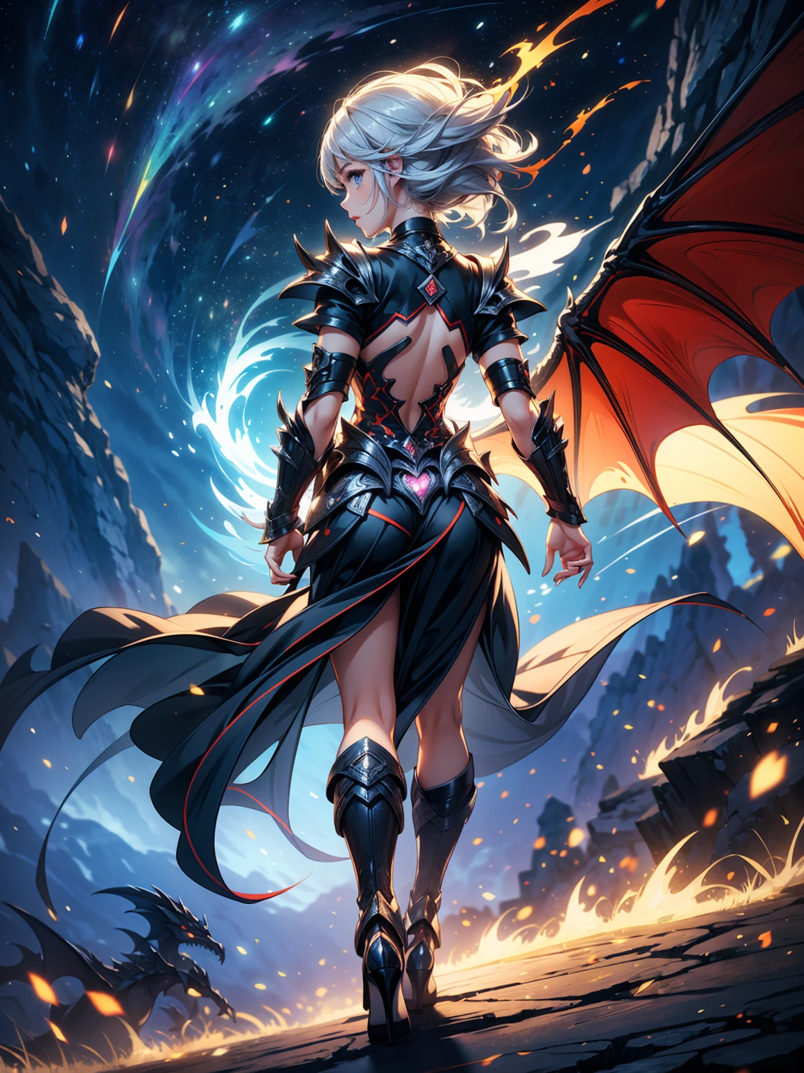 (masterpiece), (best quality), (high uqality), (8k), girl, (full-body), dragon armor, intricate details, red glow, short silver hair, back messy hair, detailed hair strands, light blue eyes, dominance expression, walking in lesser caotic place as she rule the world, fire background, and dragons in the night sky, fierce aura, (high quality ilumination)