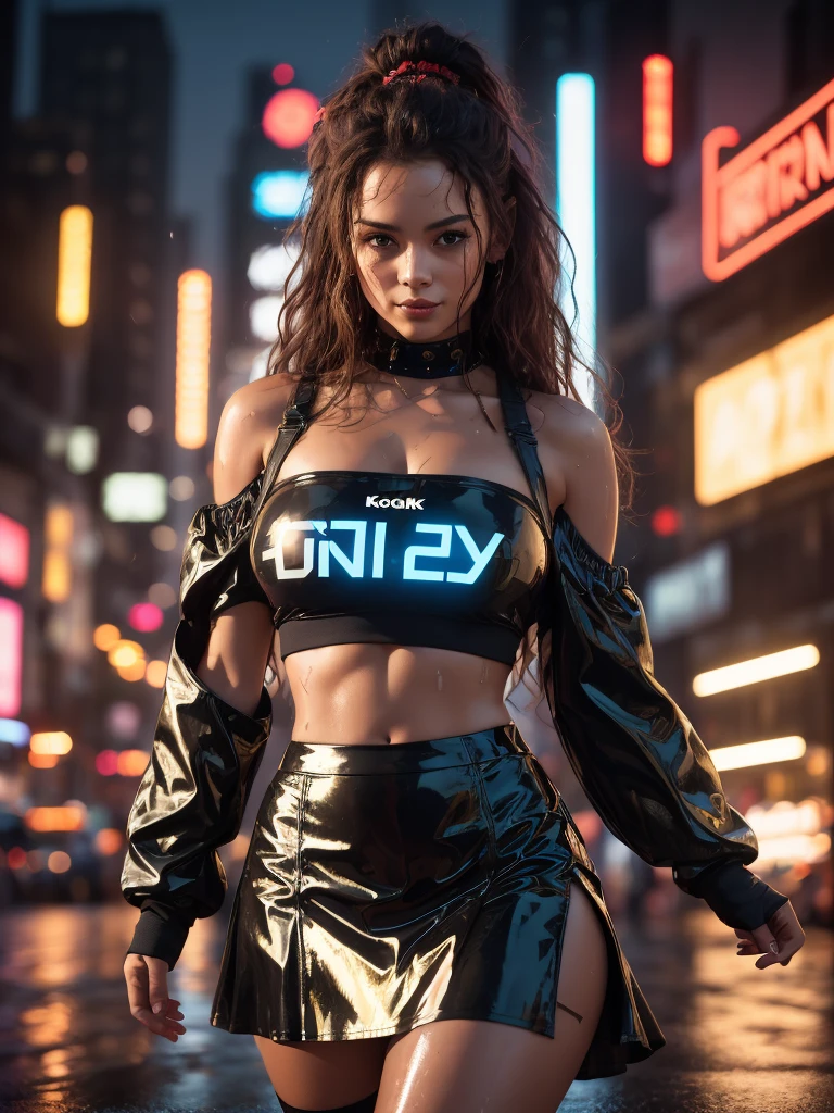 Full Face portrait photo oF 25 year old European girl, RAW, beautiful woman, semi-open strawberry lip, dimples, wistFul expression, (extra long wavy brown hair), ((big breasts)), ((detailed Face)), ((detailed Facial Features)), (Fine detailed skin), pale skin, ((cyberpunk megacity environment at night)), (color fresco), wet, wet, reFlection, (masterpiecePhotographed with Canon EOS R5 (detail) (realistic photos) (Detailed details) 50mm lens, F/2.8, HDR, (8k) (wallpaper) (cinematic lighting) (dramatic lighting) (sharp focus) (Complex), RAW photography, RAW photography, gigachad photography, camera pose, ((short black latex skirt)), rear arm, 8k uhd, DSLR, high quality, grain film, Fujifilm XT3, Stock photo of Kodak Portra 400 F1 4 film camera.6 lenses Rich colors Ultra-realistic textures Spectacular lighting Unreal Engine Art Station Trends Cinestill 800 Tungsten, tough boy style, ultra focused face, intimidating, smiling, combat position, short and messy hair, muscles, burst veins, rosario, (( oFF-shoulder crop top)),