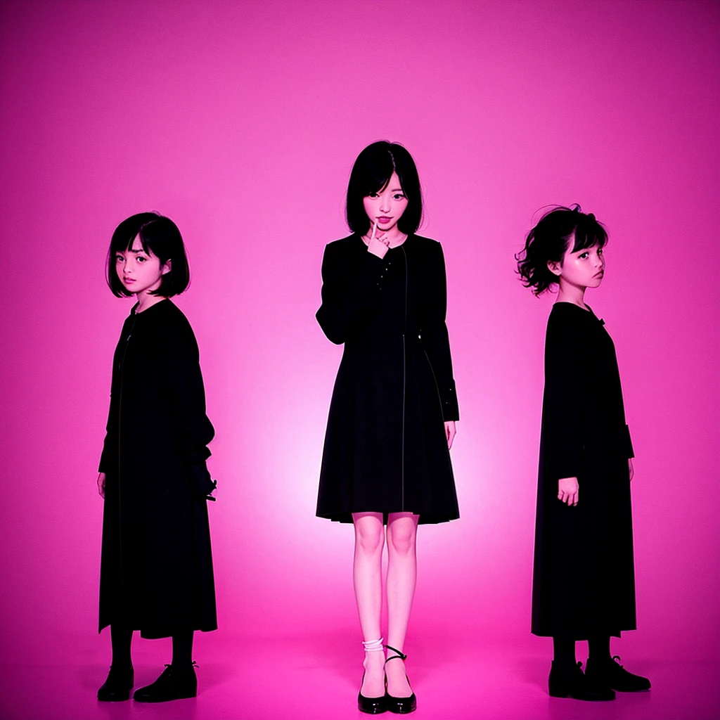 silhouette of three girls standing, (line outline), dark pink background, ((high contrast)), facing viewer, cute