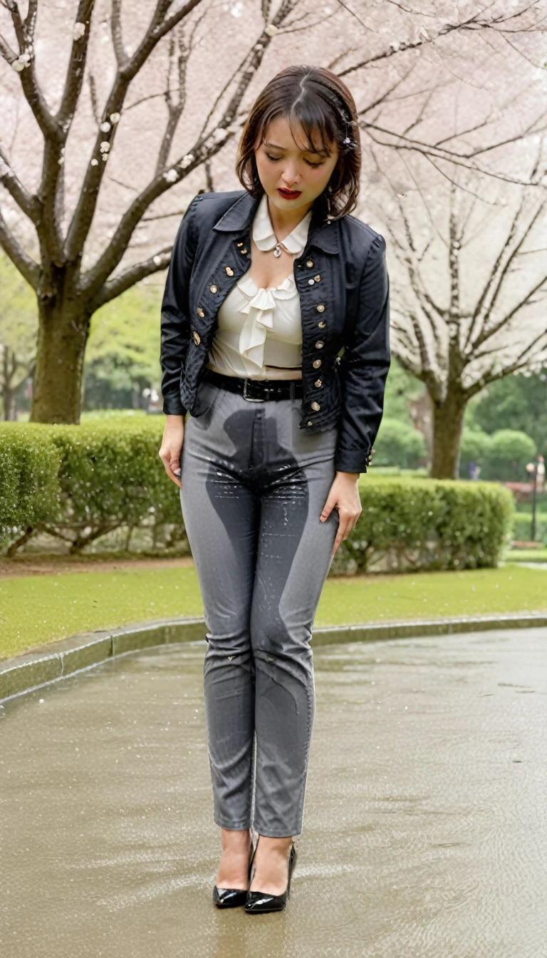 1woman,(masterpiece:1.8),photo-realistic,16k,(beautiful 40s japanese plump lady:1.3),(jacket,frilled blouse:1.4),belt,(denim pants:1.4),pumps,(whimpering:1.6),(panicking:1.6),(crying:1.7),(handing on wetting crotch with both hands:1.2),(park,cherry blossom tree,night:1.4),crowd,(wetting:1.3),(dripping pee:1.3),long hair,straight hair,black eyes,MILF,curvy,(huge breasts:1.2), makeup,lipstick,eyeliner,mascara,eyeshadow