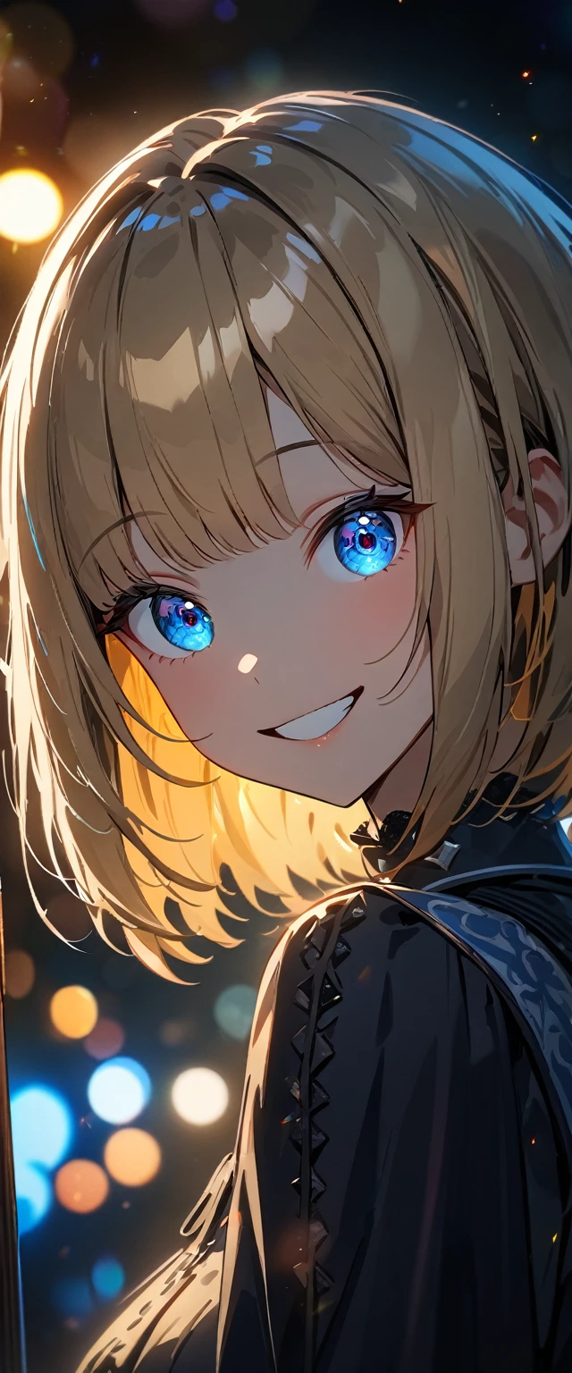 (((One girl))), Shibuya, blond hair, bob cut, ((upper body)), (looking at viewer), breasts, teenager, head tilt:1.3, (((blue eye))), constricted pupils, (from side:1.3), reaching, ((happy smile)), gothic lolita:1.3, anime style, (best quality, 4k, 8k, highres, masterpiece:1.2, ultra-detailed, ultra-detailed eyes, HDR, UHD, studio lighting, ultra-fine painting, sharp focus, physically-based rendering, extreme detail description, professional, vivid colors, bokeh)