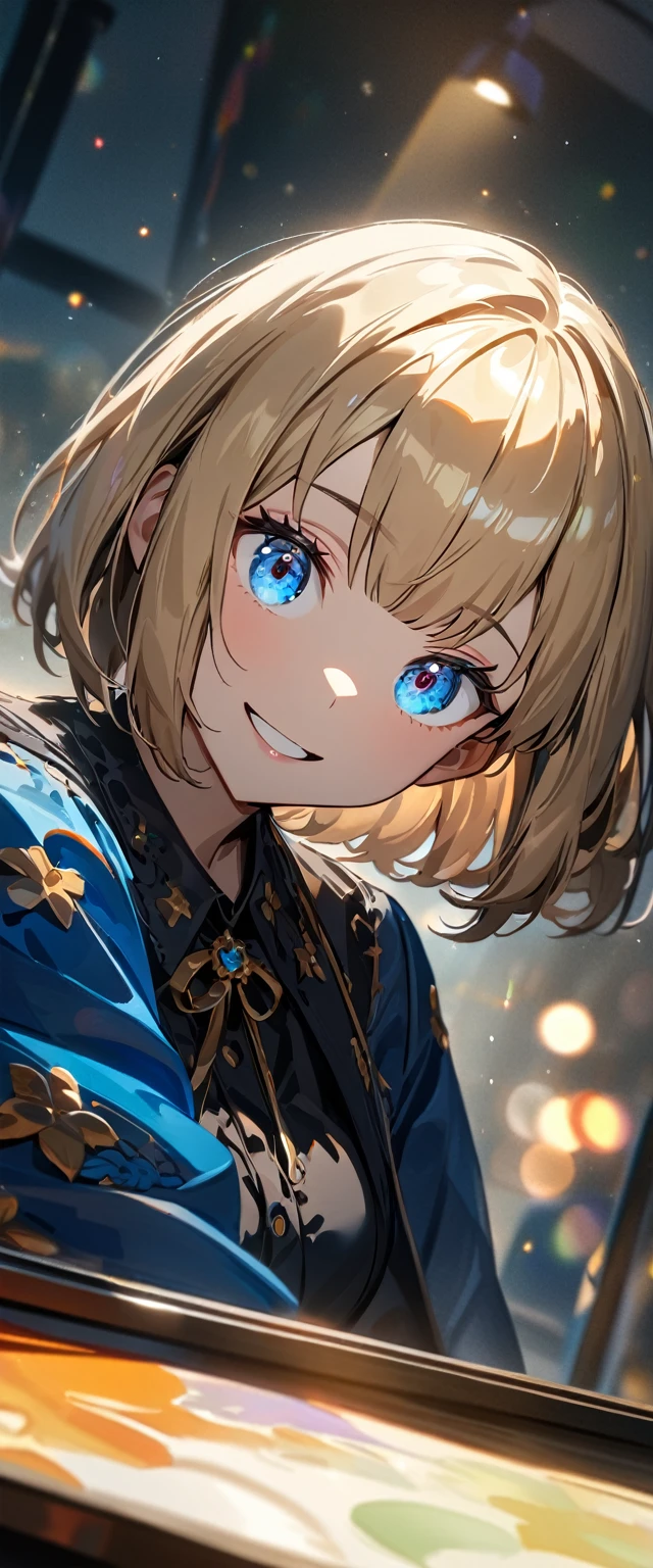 (((One girl))), Shibuya, blond hair, bob cut, ((upper body)), (looking at viewer), breasts, teenager, head tilt:1.3, (((blue eye))), constricted pupils, (from side:1.3), reaching, ((happy smile)), gothic lolita:1.3, anime style, (best quality, 4k, 8k, highres, masterpiece:1.2, ultra-detailed, ultra-detailed eyes, HDR, UHD, studio lighting, ultra-fine painting, sharp focus, physically-based rendering, extreme detail description, professional, vivid colors, bokeh)