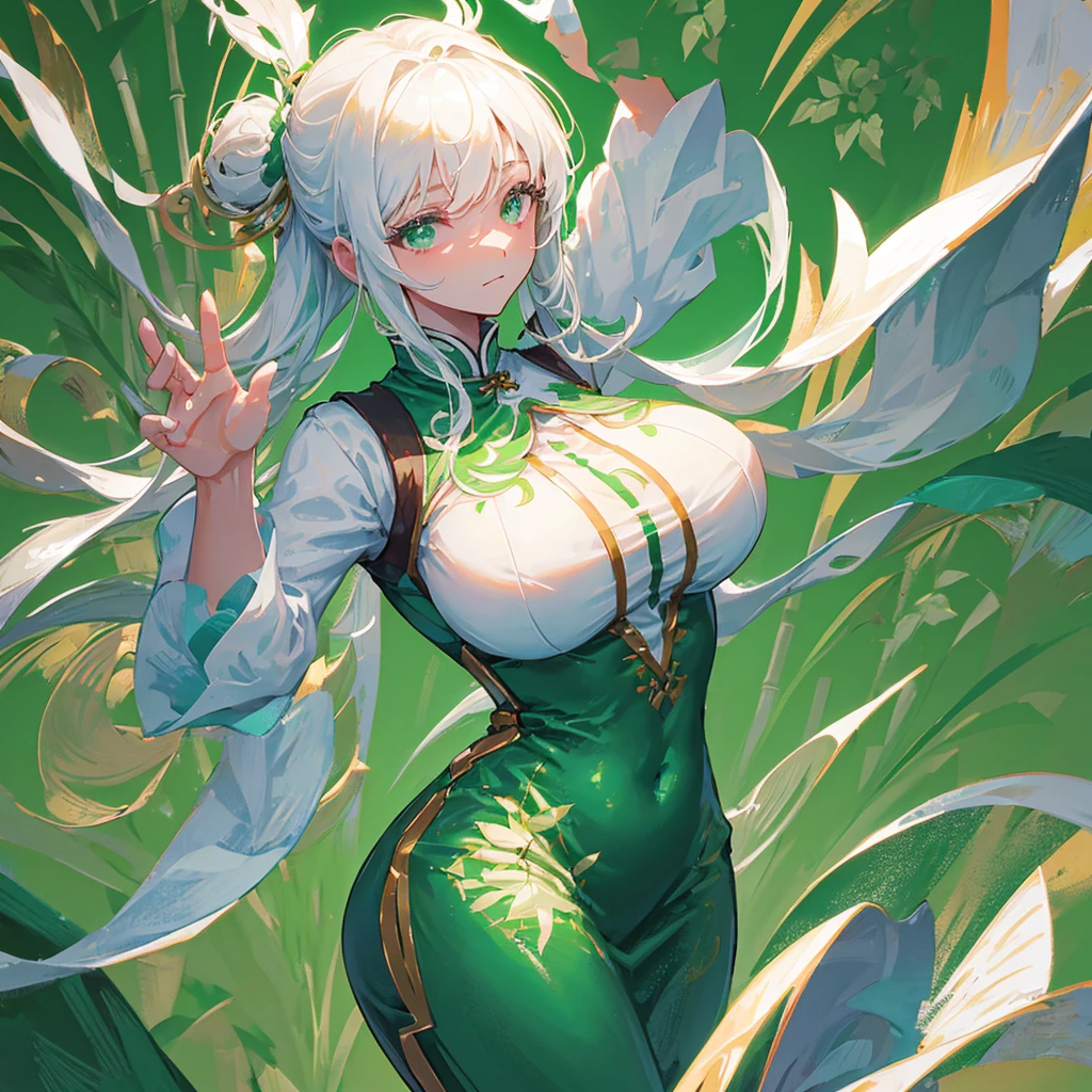 A woman wearing a white and green cheongsam,Beautiful figure,Big breasts,bamboo,((Pure green background))