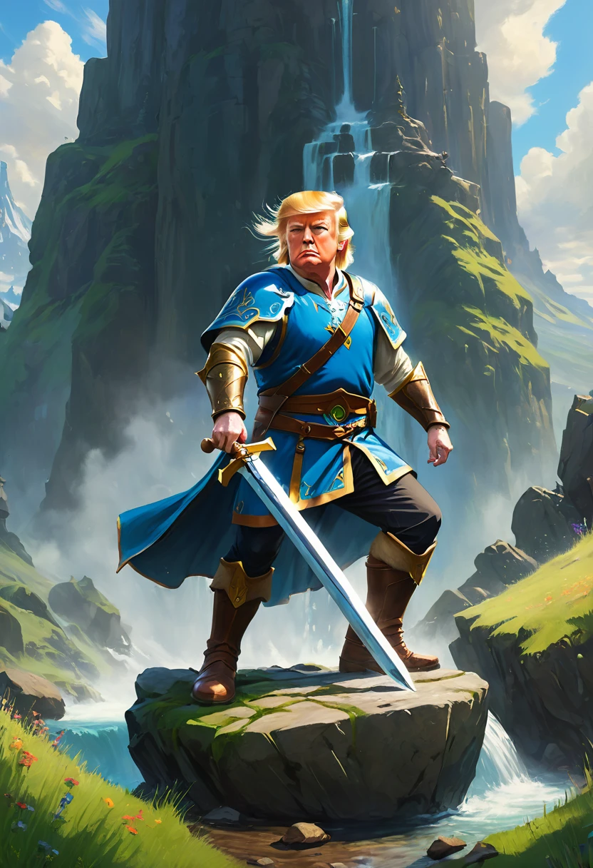 A photo realistic painting inspired by arthurian legend of Donald Trump pulling the mythic sword from the stone. In the Style of Breath of the Wild.