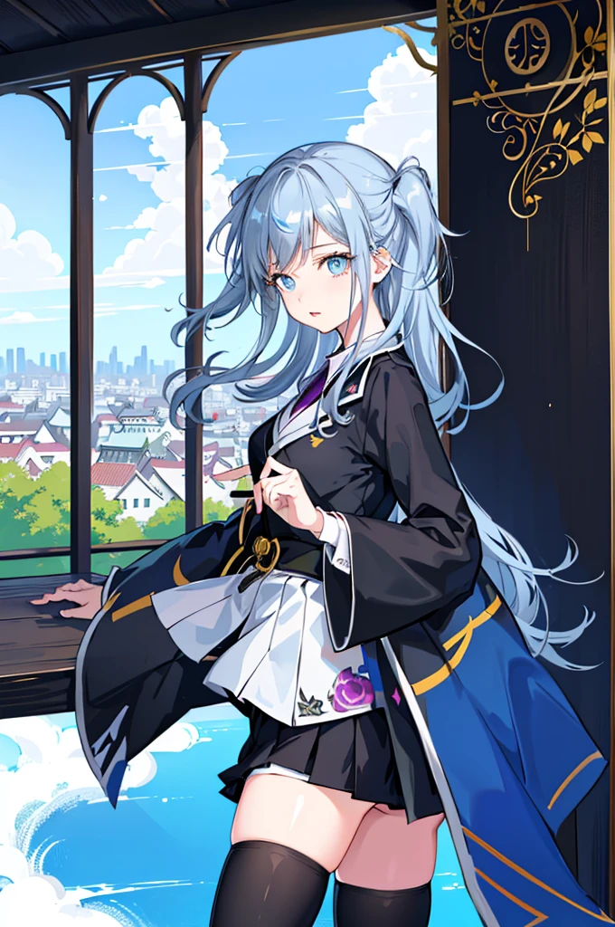 1girl,  solo, outdoors, long hair, holy place, Original,(Illustration:1.1),(Best Quality),(masutepiece:1.1),(the Extremely Detailed CG Unity 8K Wallpapers:1.1), (Colorful:0.9),(mid-shot:0.95),(extremely detailed beautiful face),(Solo:1.2), (girl),(((Lori))), (Detailed beautiful eyes:1.15), (Beautiful face:1.15), (Glowing blue eyes:1.25////),(((sky blue Long Hair))),(two side up),(+perfect hand+:1.21),(Draw illustration of Japan priestess costume),(slender),(White pleated skirt),(Gothic),((black thighhighs)),(frilld),(Beautiful Slender Lolita Girl),hallowween,standing, girl,10 years old,  girl,foggy place,vampire,sky blue hair,((full body,whole body)),((black thighhighs)),((black thighhighs)),