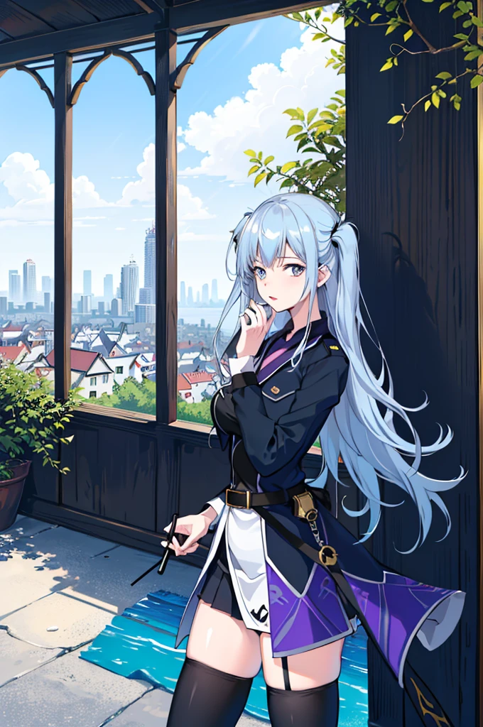 1girl, solo, outdoors, long hair, holy place, Original,(Illustration:1.1),(Best Quality),(masutepiece:1.1),(the Extremely Detailed CG Unity 8K Wallpapers:1.1), (Colorful:0.9),(mid-shot:0.95),(extremely detailed beautiful face),(Solo:1.2), (girl),(((Lori))), (Detailed beautiful eyes:1.15), (Beautiful face:1.15), (Glowing blue eyes:1.25////),(((sky blue Long Hair))),(two side up),(+perfect hand+:1.21),(Draw illustration of Japan priestess costume),(slender),(White pleated skirt),(Gothic),((black thighhighs)),(frilld),(Beautiful Slender Lolita Girl),hallowween,standing, girl,10 years old, girl,foggy place,vampire,sky blue hair,((full body,whole body)),((black thighhighs)),((black thighhighs)),