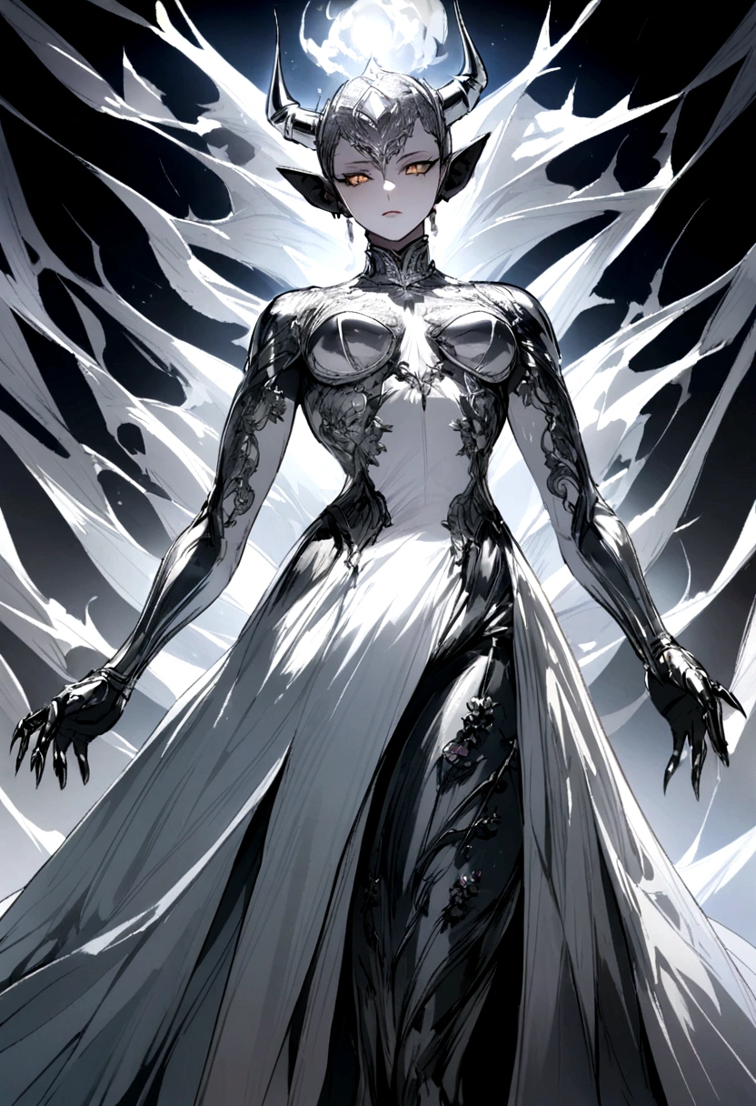 Only the upper body of a bright silver demon is visible