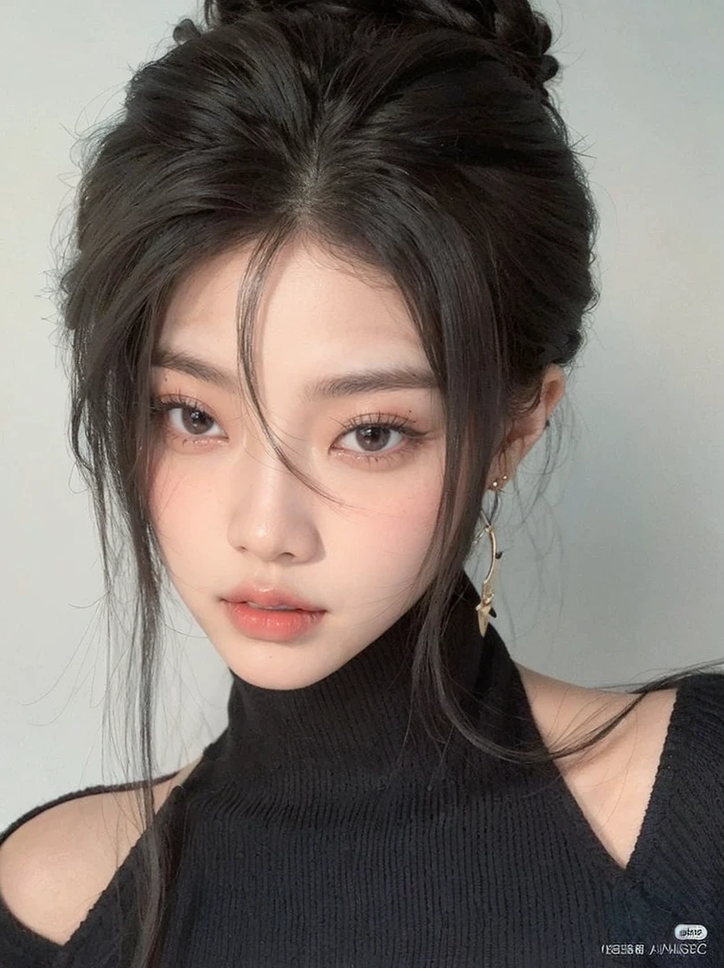 Jennie kim, black hair, messy and lazy, full lips, doll lips, large eyes.