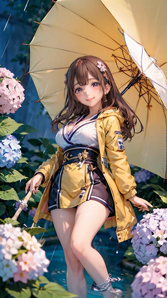 ((((highest quality)))), (((Ultra-precision CG 16K))), (((masterpiece))), (((Very detailed))), (((Extremely detailed))), (((Black outline:1.3, Written boundary depth:1.3 , Written soft outline))), Blur, Bokeh, Maximum clarity and sharpness,Multilayer Texture, Surface Shading, Cinematic lighting, Beautiful details sparkle ,Perfect Proportions, Limited to three woman, BREAK accurate, Anatomically correct, Highly detailed face and skin texture, drawn in detail, Highly detailed facial and skin texture, Detailed eyes, beautiful hair, Beautiful Japanese Idol face, Beautiful and beautiful eyes, Beautiful body, Beautiful breasts, Beautiful thighs, Beautiful legs, Beautiful fingers, (Beautiful views) , skinny body, ((Beautiful Skin)), ((Skin Texture)) BREAK breast enlarged, large Breasts, rocket breasts, slender waist, (blush, smiling:1.3,) BREAK (((yellow raincoat:1.3 , ))) , wearing earrings, BREAK ((( a girl hold on umbrella , rain, rainbow, hydrangeas, frog, stick breast out))),(serious, full body shot, long shot , from front:1.3 , from below:1.3,),