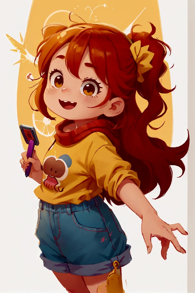 Create a vibrant 4K resolution close-up portrait of an animator girl, capturing her creativity and passion for animation with a color palette of yellow and red:

Visualize the animator girl with lively features: her hair styled in a fun and creative manner, perhaps with streaks of yellow and red to reflect her artistic flair. Her eyes should be bright and expressive, filled with the spark of imagination and creativity.

Dress her in an outfit that showcases her vibrant personality and profession: perhaps a stylish, casual ensemble that includes a yellow shirt with red accents, and accessories like a red scarf or yellow wristbands. Her attire should have playful elements such as small animation-related icons (like character sketches, film reels, or drawing tools).

Set the scene against a backdrop that reflects the dynamic world of animation: a colorful studio filled with drawing tablets, sketchbooks, animation frames, and character models. Include elements like floating sketches or frames from an animated sequence to enhance the creative atmosphere.

The color palette should be dominated by bright yellows and rich reds, conveying energy and warmth. These colors should be harmoniously integrated into her clothing, background, and the various animation elements around her.

The animator girl's expression should convey enthusiasm, creativity, and joy, with a wide smile and sparkling eyes. Her pose could be slightly animated, perhaps holding a pencil or stylus, ready to bring a new character to life.

This portrait aims to celebrate the spirit of an animator, capturing her creative essence and the vibrant, dynamic world she inhabits, with a striking color palette of yellow and red that highlights her passion for animation.