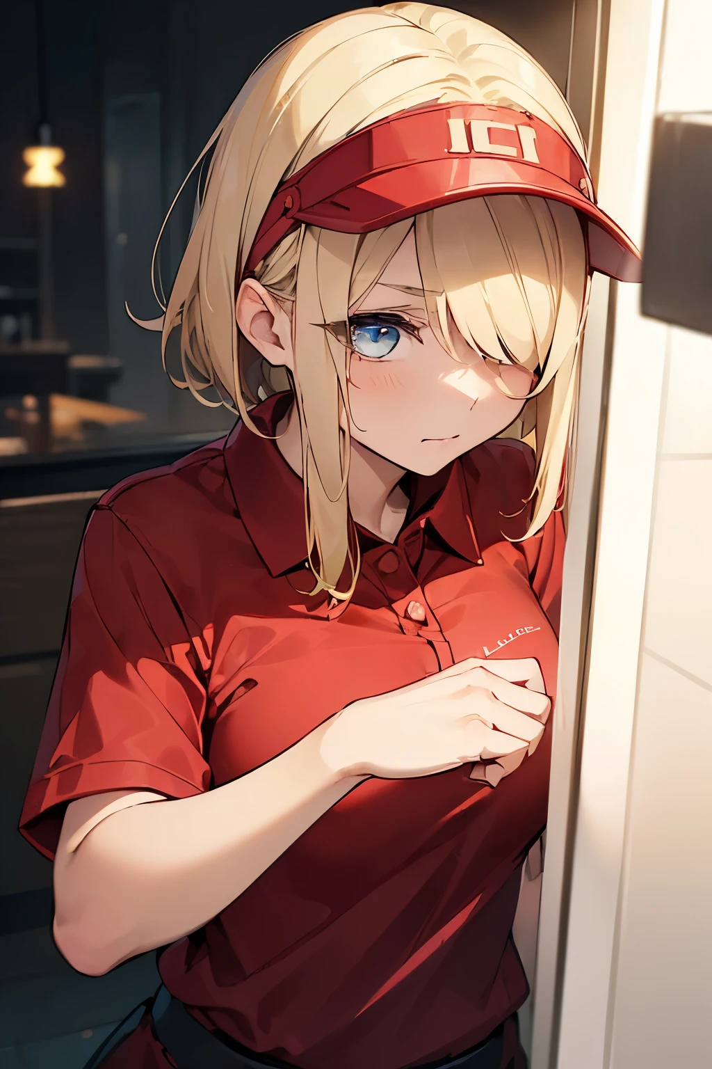 ①morning,(lighting forward:1.9) .
②:Highest quality, Anime Moe Art Style,最高のアニメ8Kこなちゃんの壁紙,pixiv Contest Winner,Perfect Anatomy, Very detailed,High resolution,Very detailed肌, Professional Lighting,8K ,
③:(One Girl:1.5), Young,(alone,:1.8),high school student, (short hair:1.4), (straight hair:1.6),(normal breasts),(hair over one eye:1.8),(light blonde hair:1.8),Complete limbs,Full Finger, blue eyes, hairpin, beautiful detailed eyes, pale skin,one eye closed,sparkling pupils,
④:(close up:1.4).
⑤:(red polo shirt:1.5),(red visor:1.5),(darkgreen pencil skirt)
⑥:Working at the cash register ⑦:FastFood Restaurant