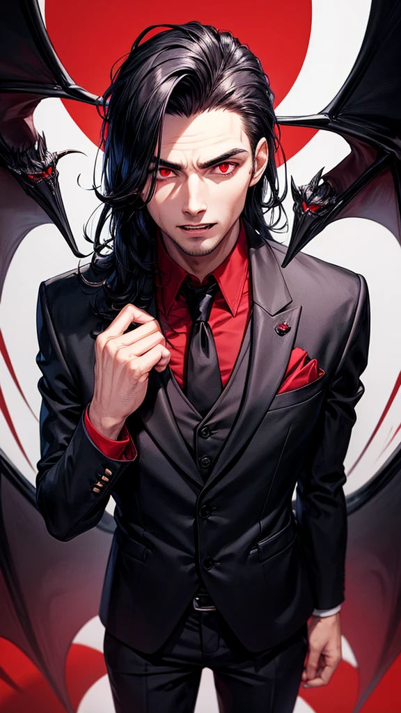 a man of 30, blackquality hair, deep red eyes, suit, Rico , with vampire fangs 