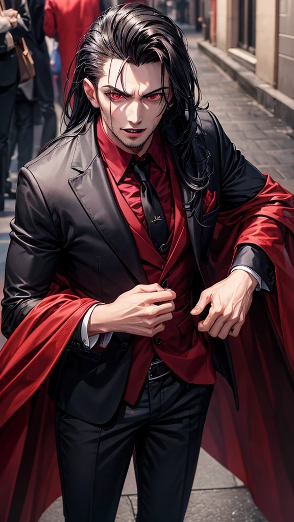 a man of 30, blackquality hair, deep red eyes, suit, Rico , with vampire fangs 
