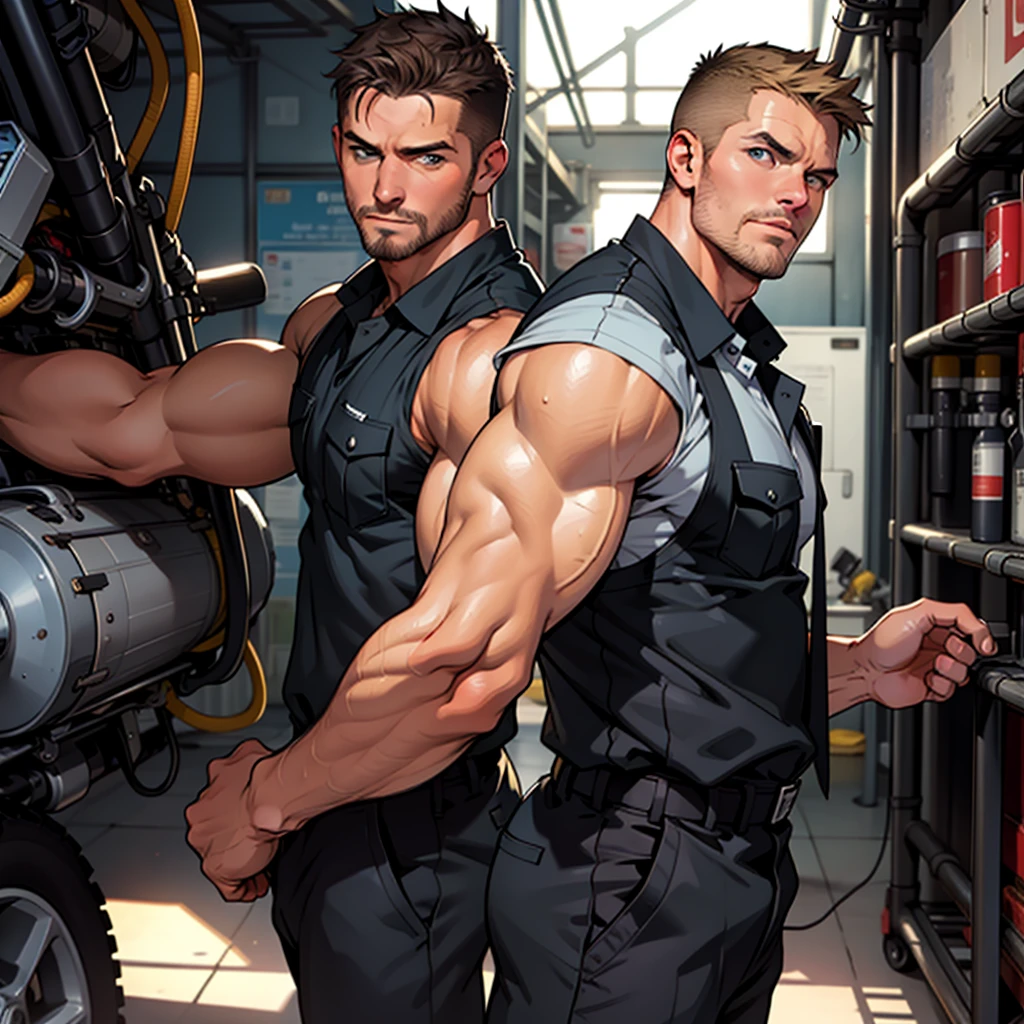 masterpiece, best quality, face, natural eyes,mature man, muscled and mature, stephen amell as a mechanic wearing uniform, mechanic, sweating, tight cloth, ?????, full body