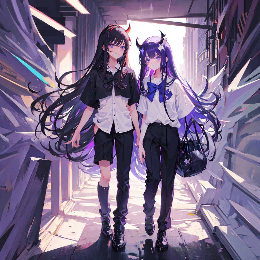 A girl with long black hair with straight bangs, with hair cut at the ends. Two large strands in the front, one bigger than the other. A rebel thread. A small white streak in your bangs. Two demon horns, one purple and one black, both with a dark purple star. one black eye and one purple eye. A purple star on your right cheek. black wide pants. All star shoe. Full white shirt with a bow tie with a star in the middle, with short sleeves. big boobies. Grinning. She is a star demon. She is standing looking at the camera. She is on earth in a place that has a lot of nature and flowers and has a small bridge, she is leaning against the bridge. His eye is black and very dark, while his purple eye has a white star in place of the pupil.. one black eye and one purple eye. 