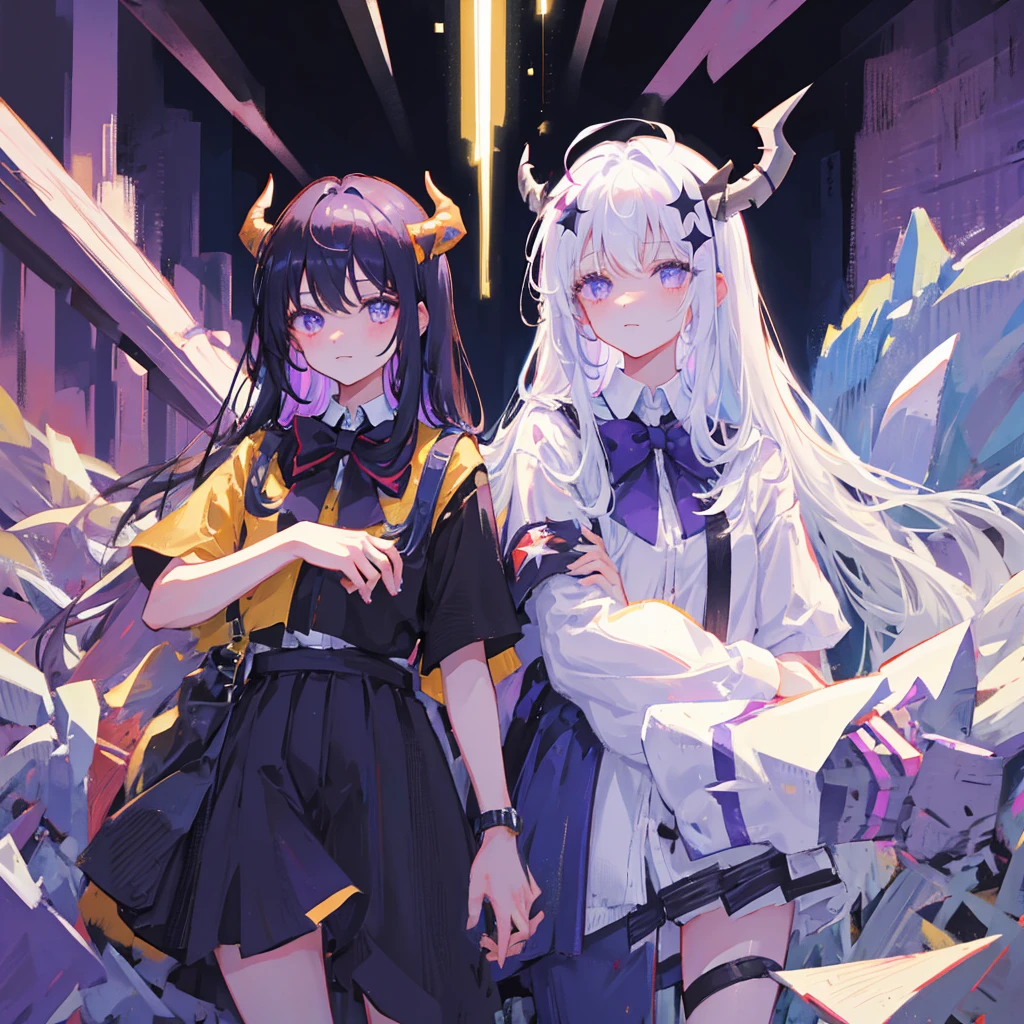 A girl with long black hair with straight bangs, with hair cut at the ends. Two large strands in the front, one bigger than the other. A rebel thread. A small white streak in your bangs. Two demon horns, one purple and one black, both with a dark purple star. one black eye and one purple eye. A purple star on your right cheek. black wide pants. All star shoe. Full white shirt with a bow tie with a star in the middle, with short sleeves. big boobies. Grinning. She is a star demon. She is standing looking at the camera. She is on earth in a place that has a lot of nature and flowers and has a small bridge, she is leaning against the bridge. His eye is black and very dark, while his purple eye has a white star in place of the pupil.. one black eye and one purple eye.